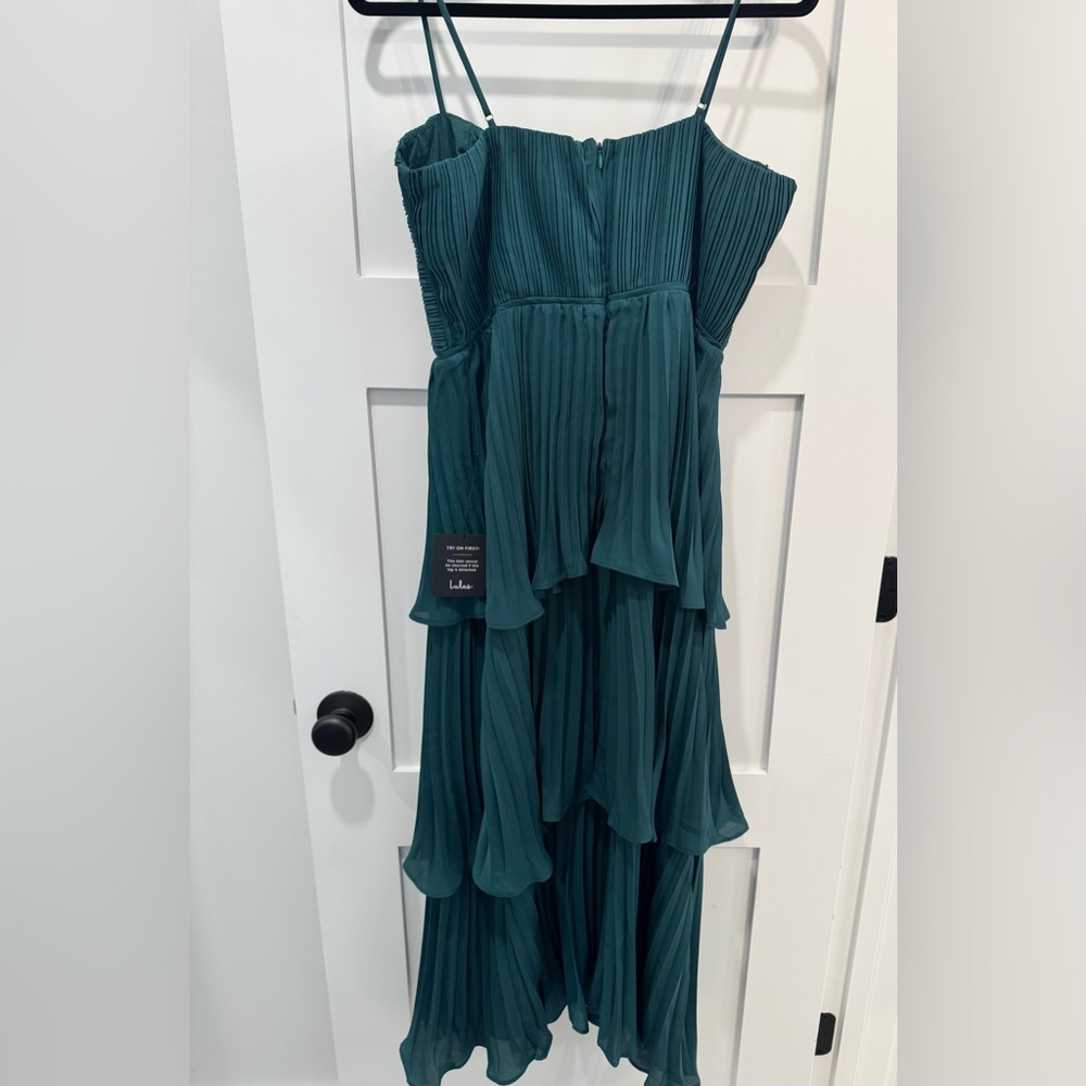 NWT- Cascading Crush Emerald Tiered Bustier Midi Dress Green - Size L - Picture 7 of 7